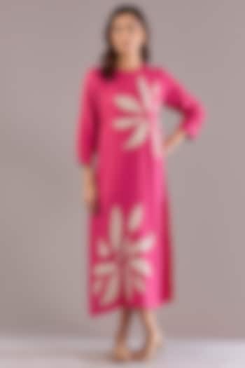 Fuchsia Pink Pure Linen Applique Embroidered Midi Vacation Dress by Linen Bloom at Pernia's Pop Up Shop