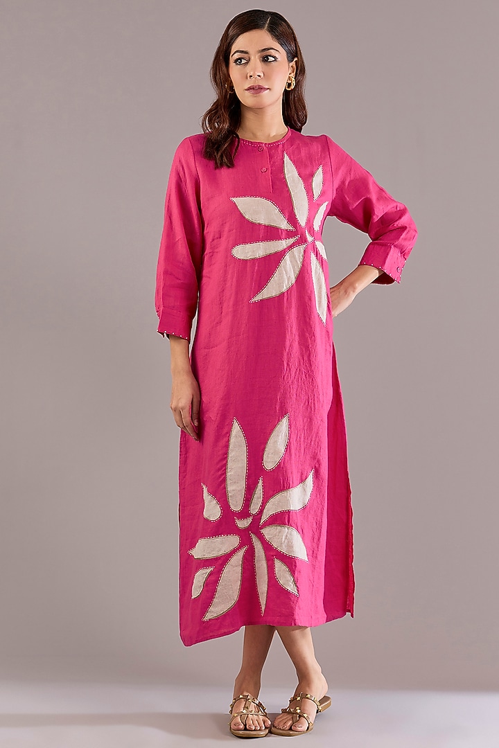 Fuchsia Pink Pure Linen Applique Embroidered Midi Vacation Dress by Linen Bloom at Pernia's Pop Up Shop