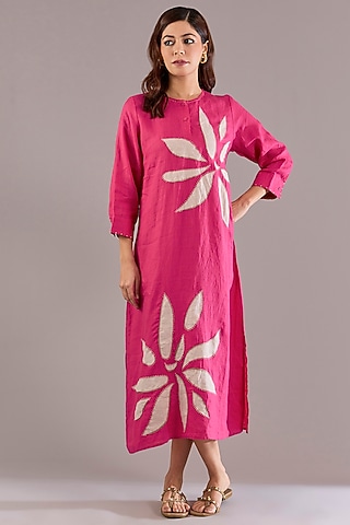 Fuchsia Pink Pure Linen Applique Embroidered Midi Dress by Linen Bloom