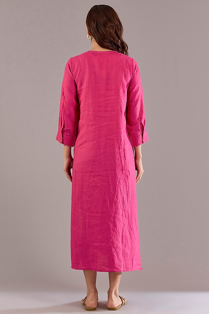 Fuchsia Pink Pure Linen Applique Embroidered Midi Vacation Dress by Linen Bloom at Pernia's Pop Up Shop