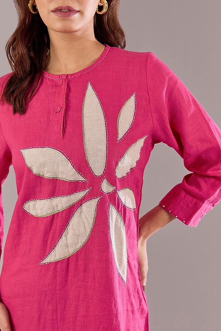 Fuchsia Pink Pure Linen Applique Embroidered Midi Vacation Dress by Linen Bloom at Pernia's Pop Up Shop