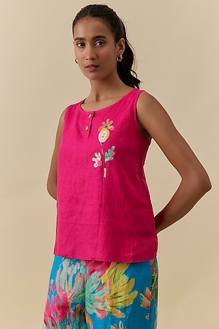 Fuchsia Linen Embroidered Top by Linen Bloom