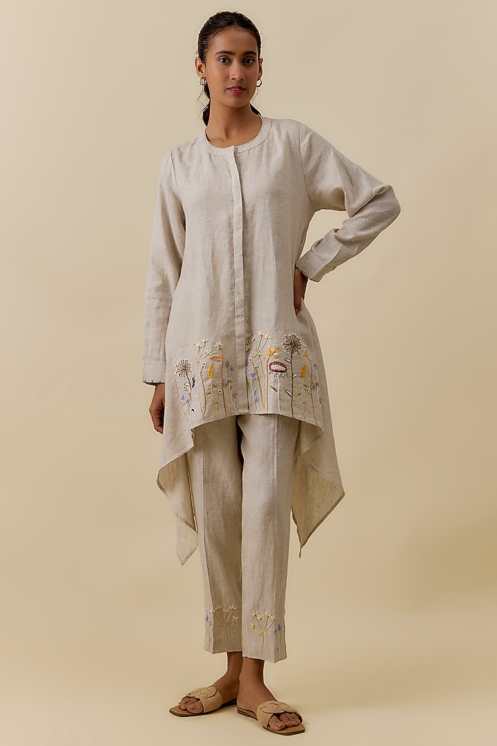 Beige Linen Hand Embroidered Co-Ord Set by Linen Bloom at Pernia's Pop Up Shop