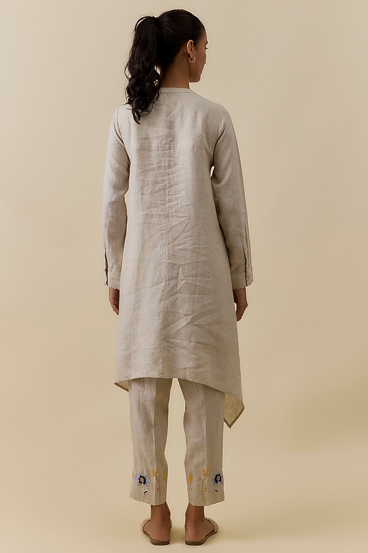 Beige Linen Hand Embroidered Co-Ord Set by Linen Bloom at Pernia's Pop Up Shop
