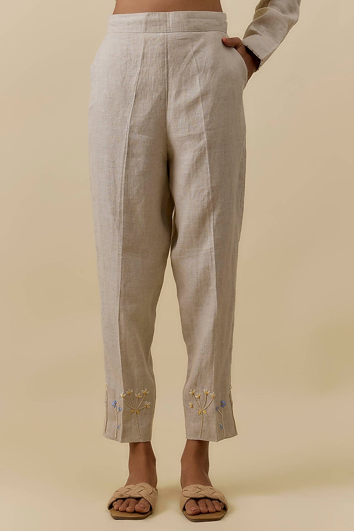 Beige Linen Hand Embroidered Co-Ord Set by Linen Bloom at Pernia's Pop Up Shop