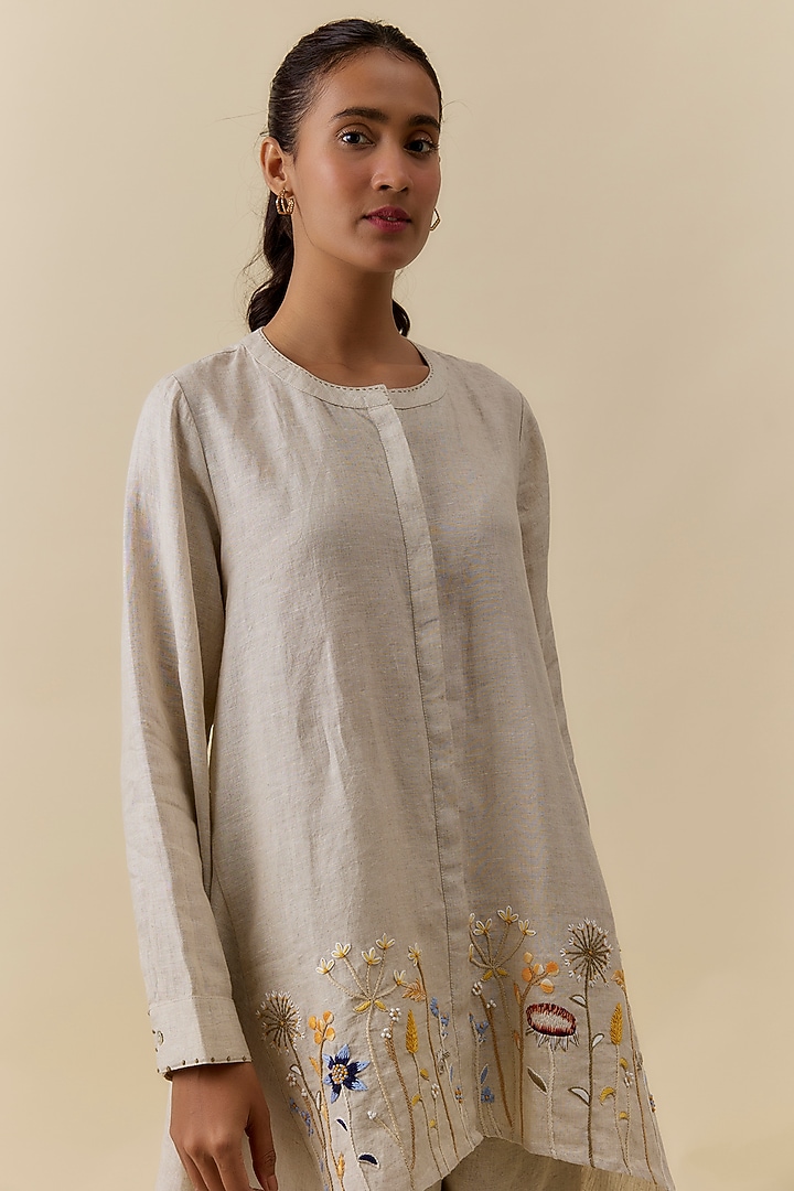 Beige Linen Hand Embroidered Co-Ord Set by Linen Bloom at Pernia's Pop Up Shop