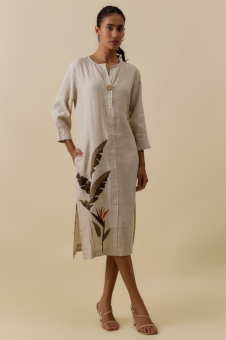 Beige Linen Applique Embroidered Midi Dress by Linen Bloom at Pernia's Pop Up Shop