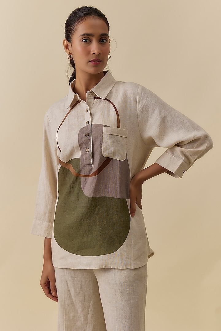 Beige Linen Printed Shirt by Linen Bloom at Pernia's Pop Up Shop