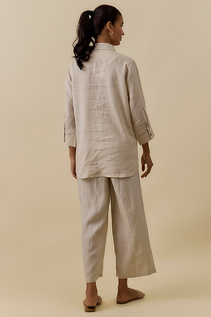 Beige Linen Printed Shirt by Linen Bloom at Pernia's Pop Up Shop