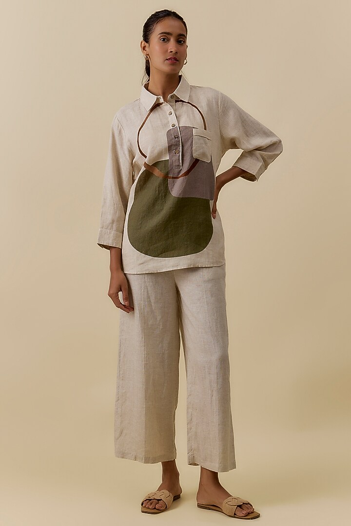 Beige Linen Printed Shirt by Linen Bloom at Pernia's Pop Up Shop