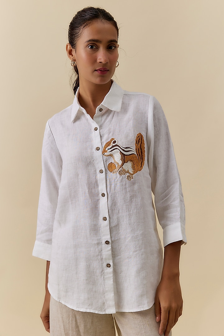 White Linen Machine Embroidered Shirt by Linen Bloom at Pernia's Pop Up Shop