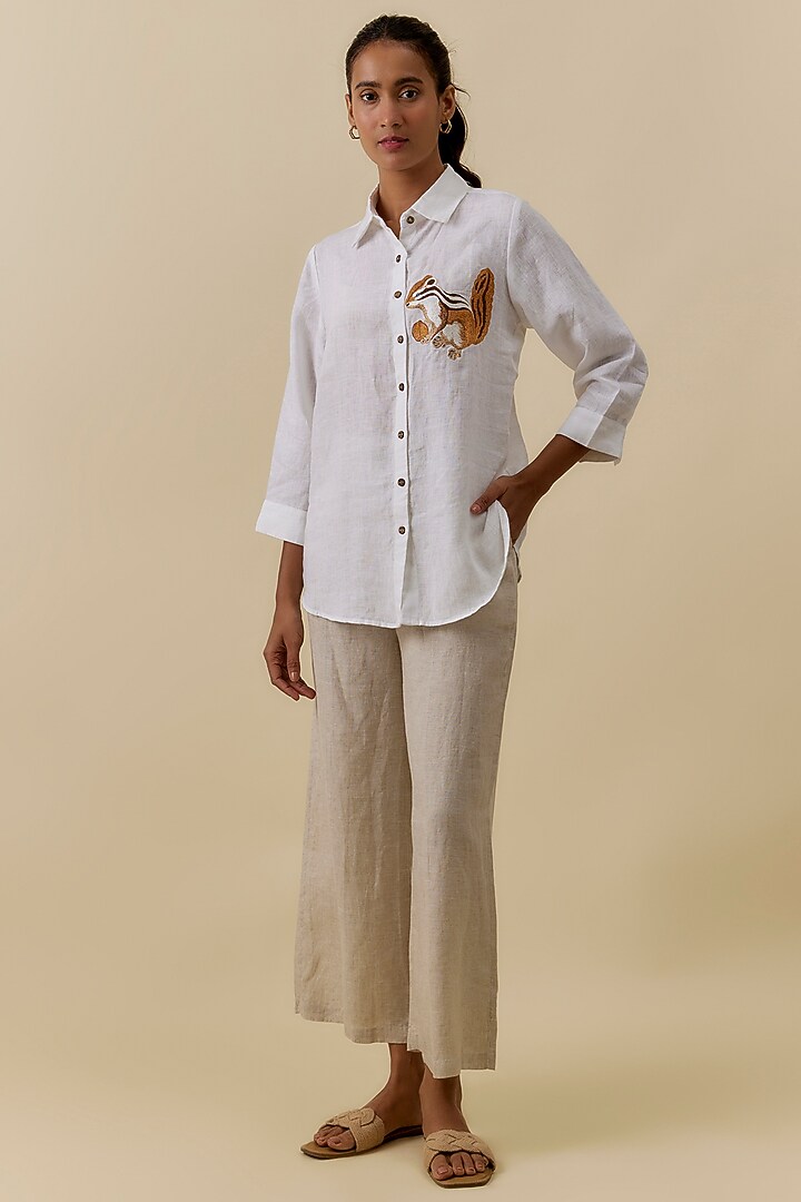 White Linen Machine Embroidered Shirt by Linen Bloom at Pernia's Pop Up Shop