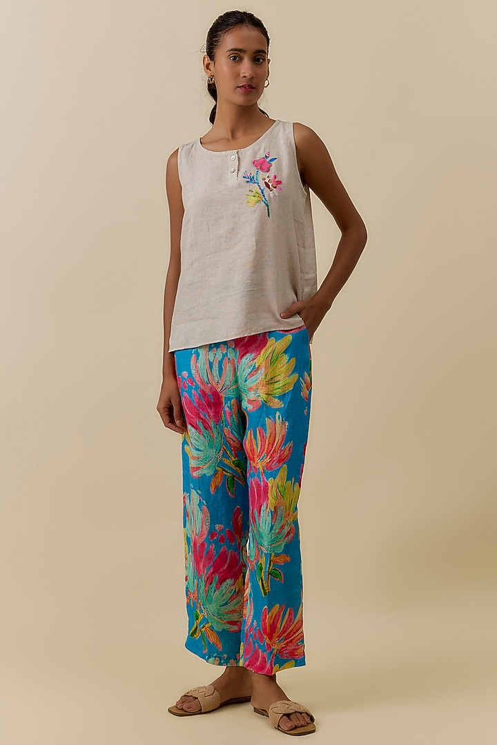 Beige Linen Printed & Embroidered Top by Linen Bloom at Pernia's Pop Up Shop