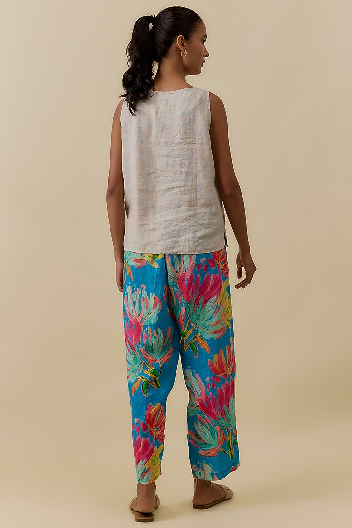 Beige Linen Printed & Embroidered Top by Linen Bloom at Pernia's Pop Up Shop
