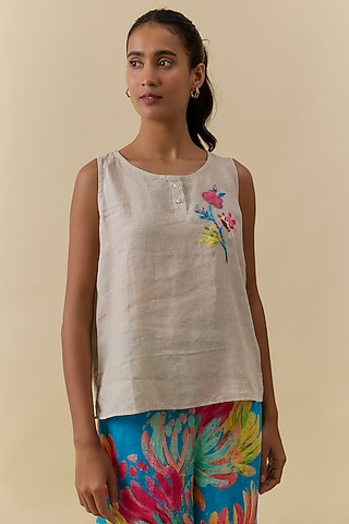 Beige Linen Printed & Embroidered Top by Linen Bloom