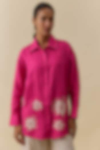 Fuchsia Linen Floral Applique Embroidered Shirt by Linen Bloom at Pernia's Pop Up Shop