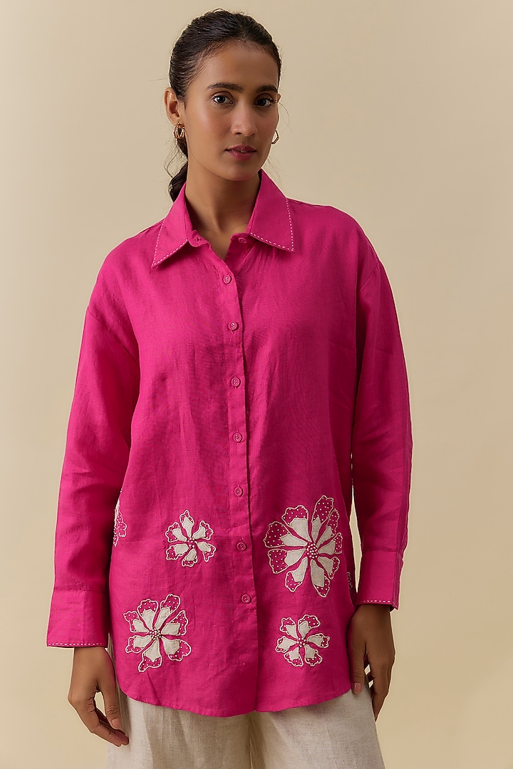 Fuchsia Linen Floral Applique Embroidered Shirt by Linen Bloom at Pernia's Pop Up Shop