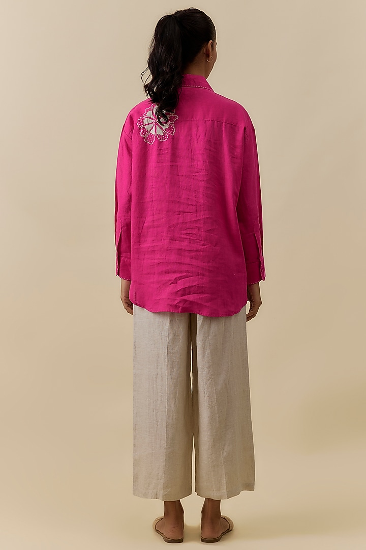 Fuchsia Linen Floral Applique Embroidered Shirt by Linen Bloom at Pernia's Pop Up Shop