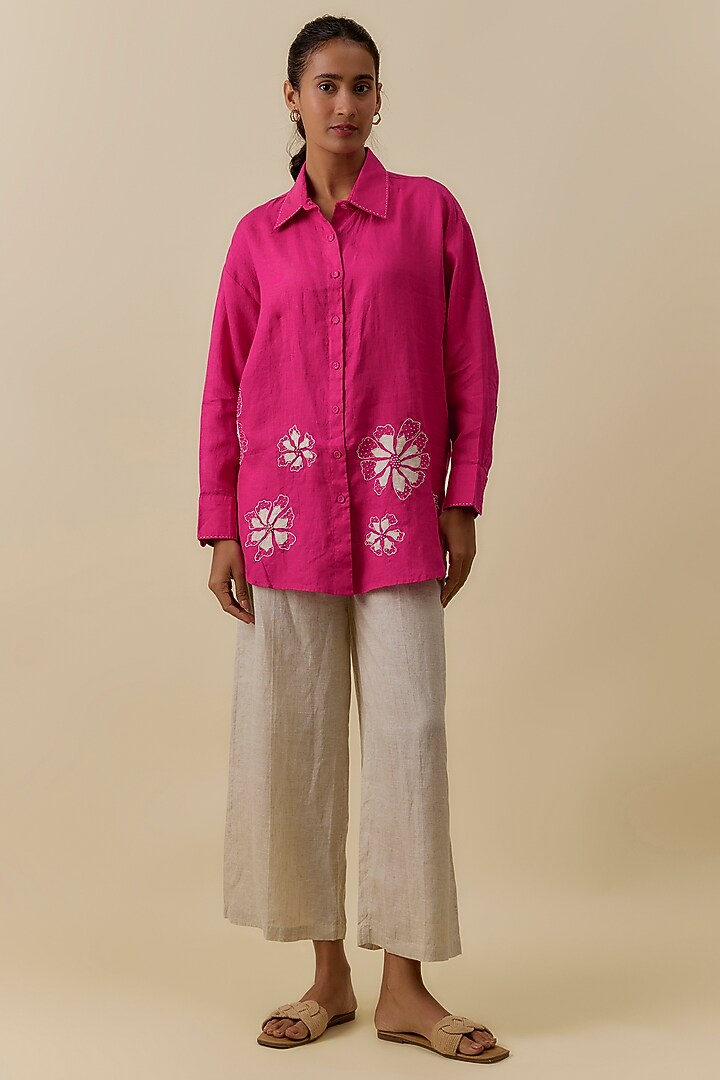 Fuchsia Linen Floral Applique Embroidered Shirt by Linen Bloom at Pernia's Pop Up Shop