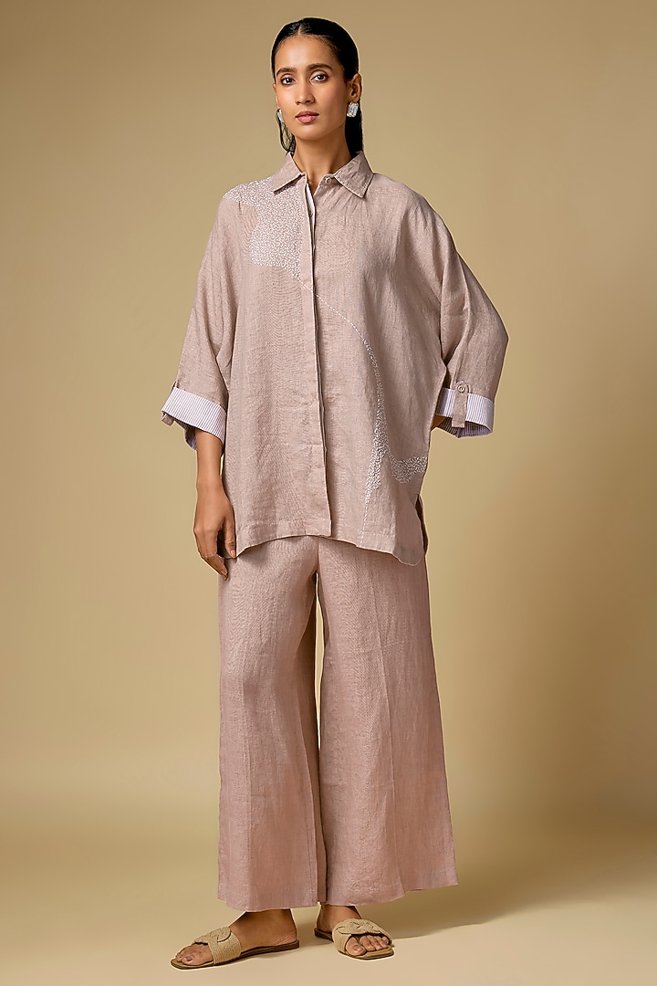 Pink Pure Linen Embroidered Co-Ord Set by Linen Bloom at Pernia's Pop Up Shop
