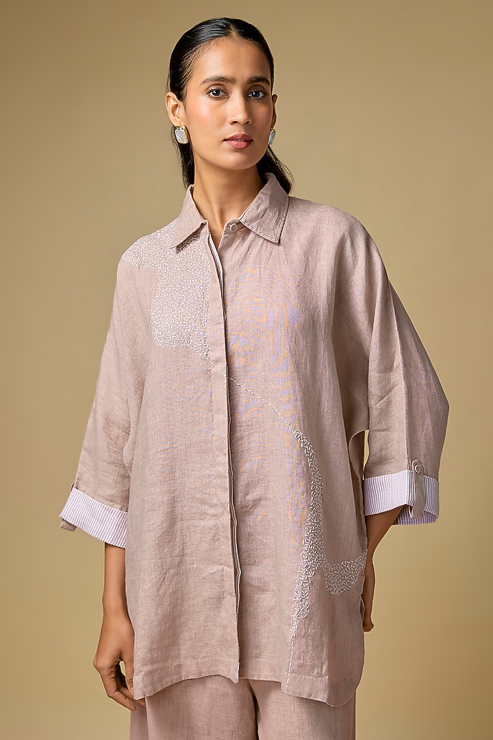 Pink Pure Linen Embroidered Co-Ord Set by Linen Bloom at Pernia's Pop Up Shop