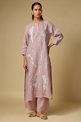 Pink Pure Linen Embroidered Tunic Set by Linen Bloom