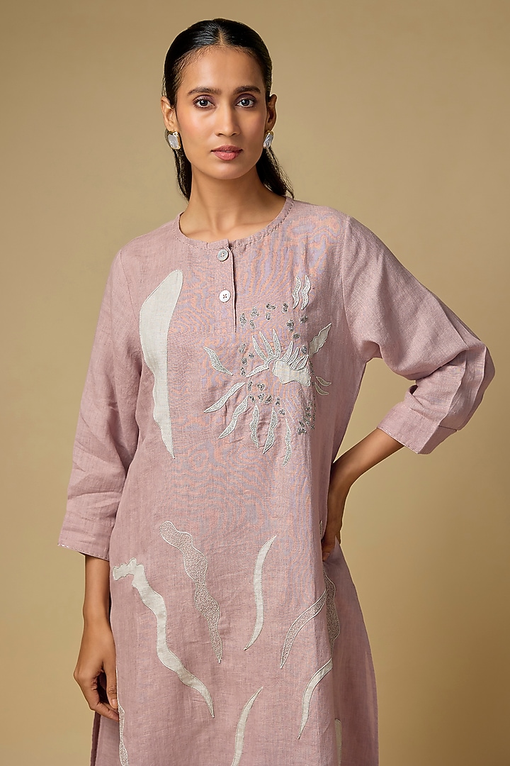 Pink Pure Linen Embroidered Tunic Set by Linen Bloom at Pernia's Pop Up Shop