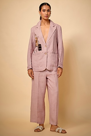 Pink Pure Linen Embroidered Blazer by Linen Bloom