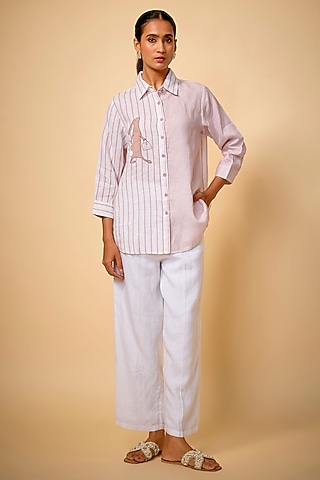 Pink Pure Linen Striped Printed Shirt by Linen Bloom