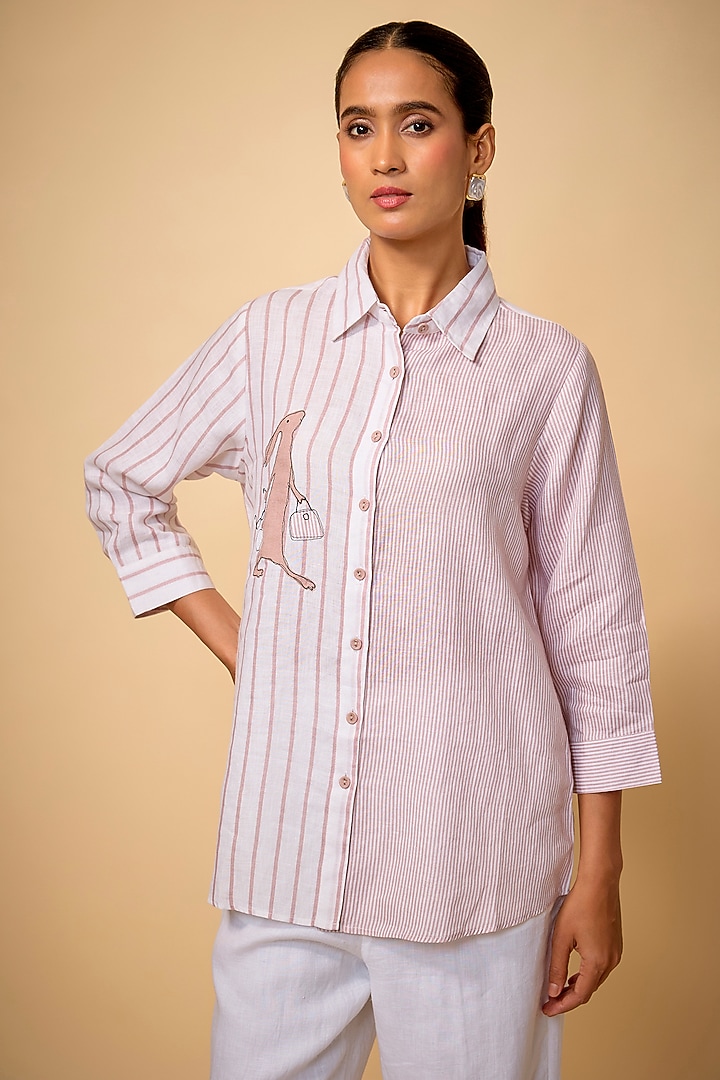 Pink Pure Linen Striped Printed Shirt by Linen Bloom at Pernia's Pop Up Shop