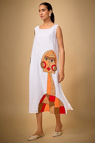 White Pure Linen Embroidered Dress by Linen Bloom