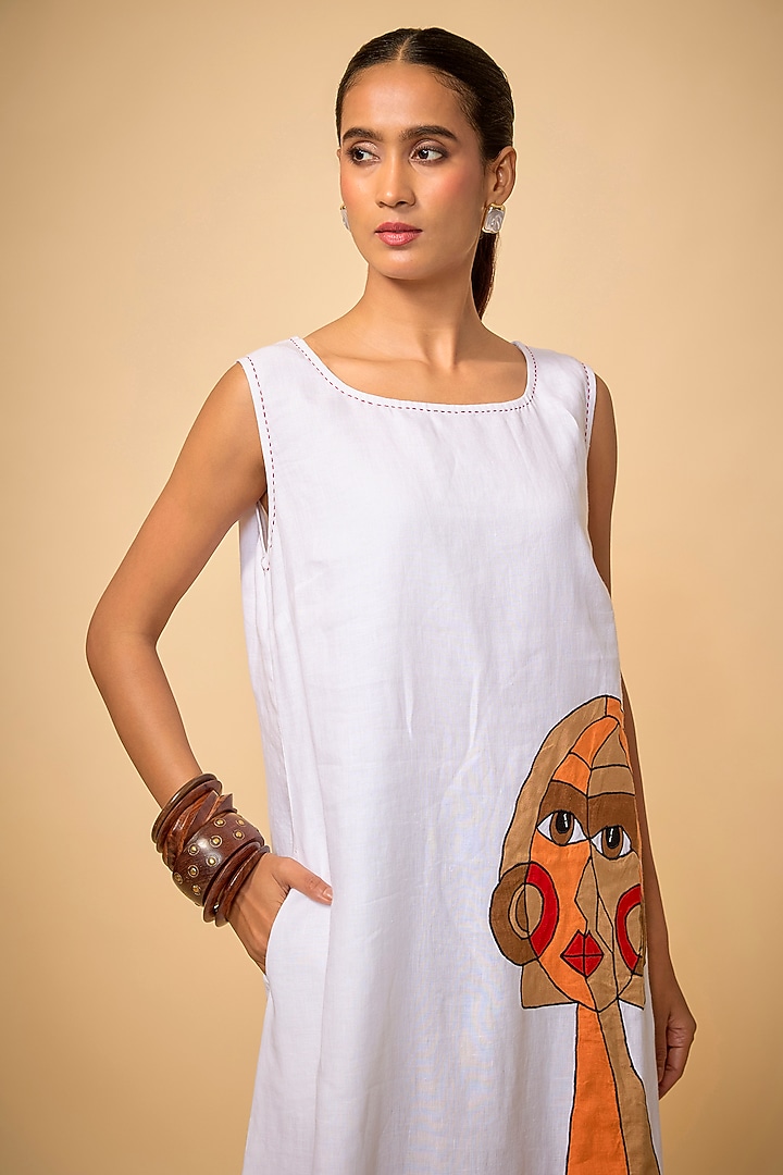 White Pure Linen Embroidered Vacation Dress by Linen Bloom at Pernia's Pop Up Shop