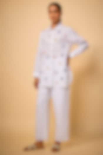 White Pure Linen Floral Embroidered Shirt by Linen Bloom at Pernia's Pop Up Shop