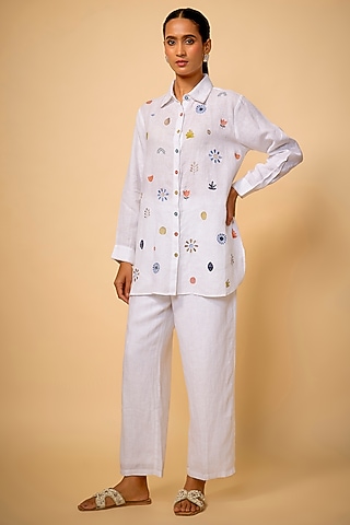 White Pure Linen Floral Embroidered Shirt by Linen Bloom