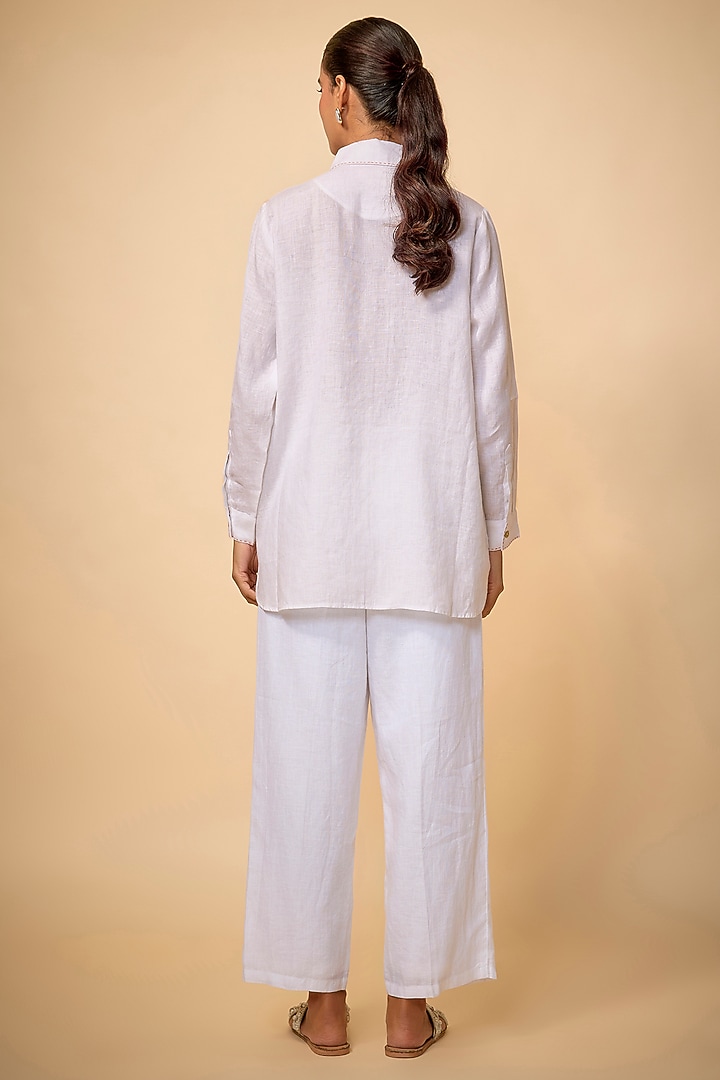 White Pure Linen Floral Embroidered Shirt by Linen Bloom at Pernia's Pop Up Shop