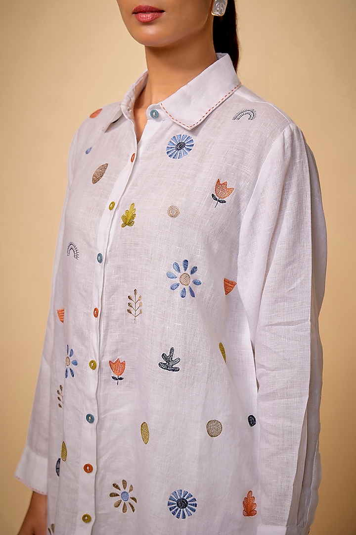 White Pure Linen Floral Embroidered Shirt by Linen Bloom at Pernia's Pop Up Shop