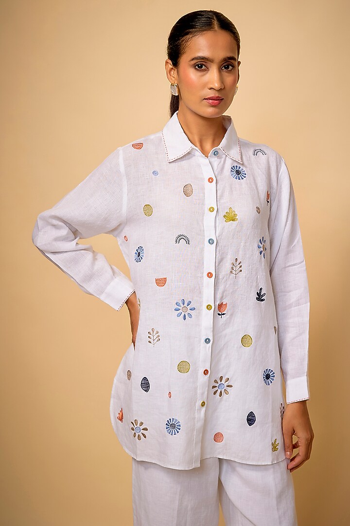 White Pure Linen Floral Embroidered Shirt by Linen Bloom at Pernia's Pop Up Shop
