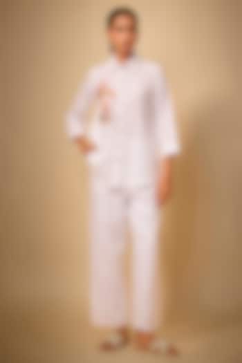 White Pure Linen Embroidered Shirt by Linen Bloom at Pernia's Pop Up Shop