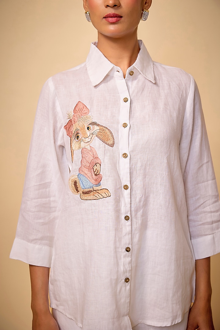 White Pure Linen Embroidered Shirt by Linen Bloom at Pernia's Pop Up Shop