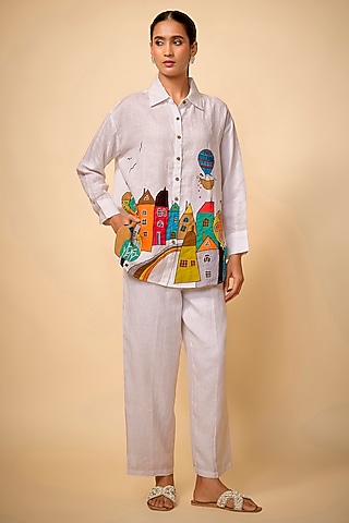 White Pure Linen Embroidered Shirt by Linen Bloom