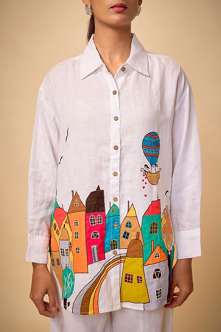 White Pure Linen Embroidered Shirt by Linen Bloom at Pernia's Pop Up Shop
