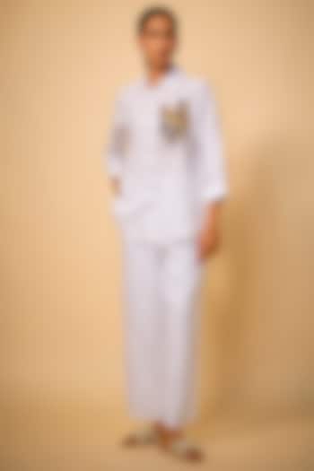 White Pure Linen Embroidered Shirt by Linen Bloom at Pernia's Pop Up Shop