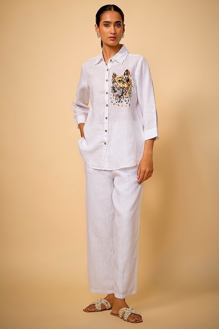 White Pure Linen Embroidered Shirt by Linen Bloom at Pernia's Pop Up Shop