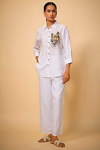 White Pure Linen Embroidered Shirt by Linen Bloom