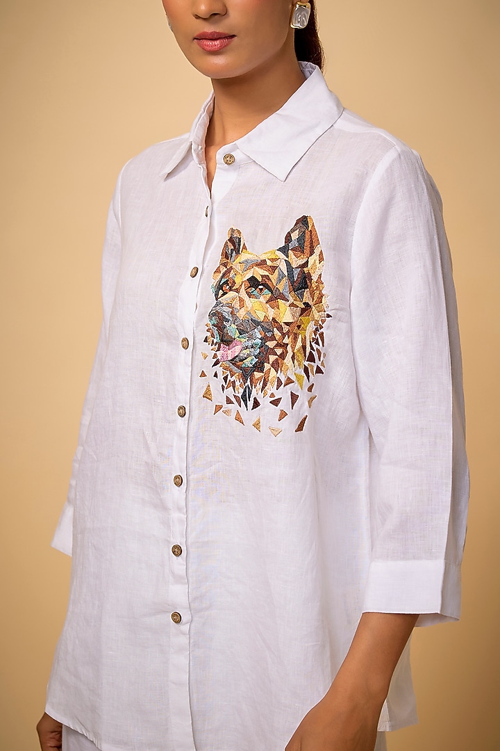 White Pure Linen Embroidered Shirt by Linen Bloom at Pernia's Pop Up Shop