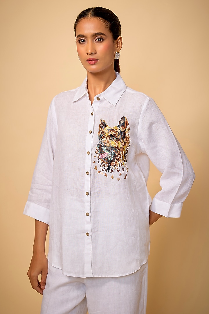 White Pure Linen Embroidered Shirt by Linen Bloom at Pernia's Pop Up Shop