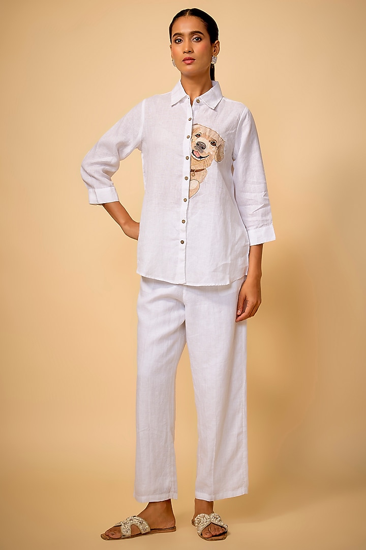 White Pure Linen Embroidered Shirt by Linen Bloom at Pernia's Pop Up Shop