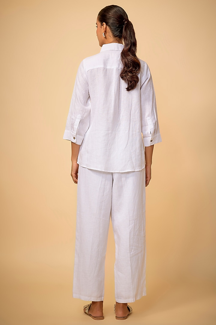White Pure Linen Embroidered Shirt by Linen Bloom at Pernia's Pop Up Shop