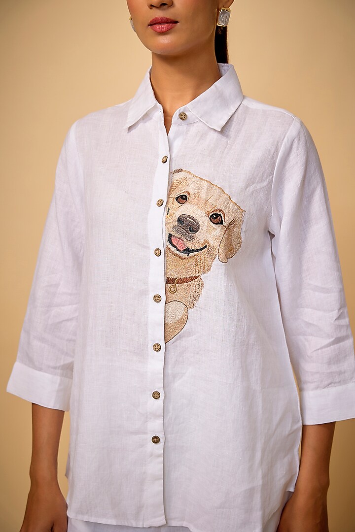 White Pure Linen Embroidered Shirt by Linen Bloom at Pernia's Pop Up Shop