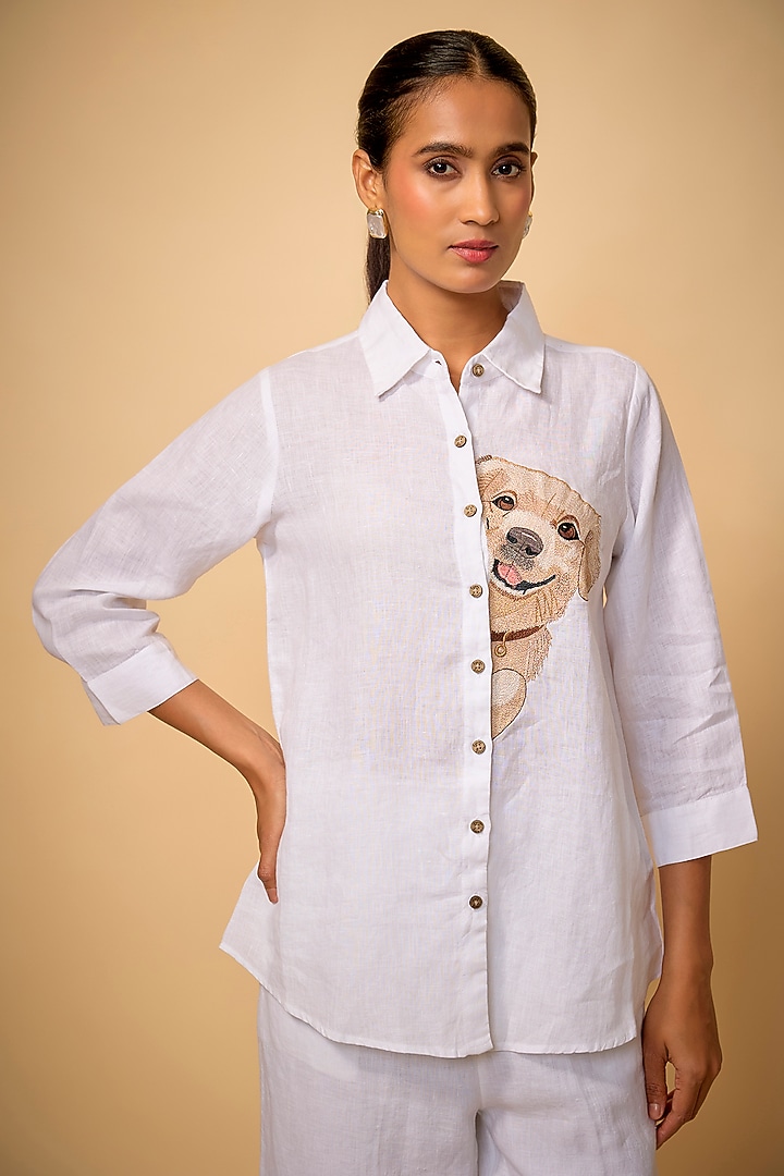White Pure Linen Embroidered Shirt by Linen Bloom at Pernia's Pop Up Shop